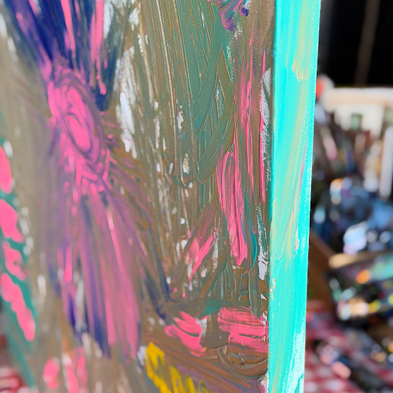 Coral Reef, Original by Clara Woods — macro detail of the central flower burst, layered pink, purple and navy acrylic petals radiating from a mauve spiral center with teal and olive green background