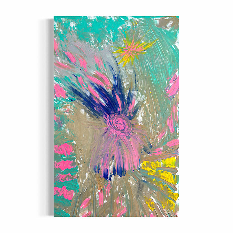 Coral Reef, Original by Clara Woods — close-up of the upper left section, bold hot pink splashes and teal brushstrokes with white highlights and olive green accents