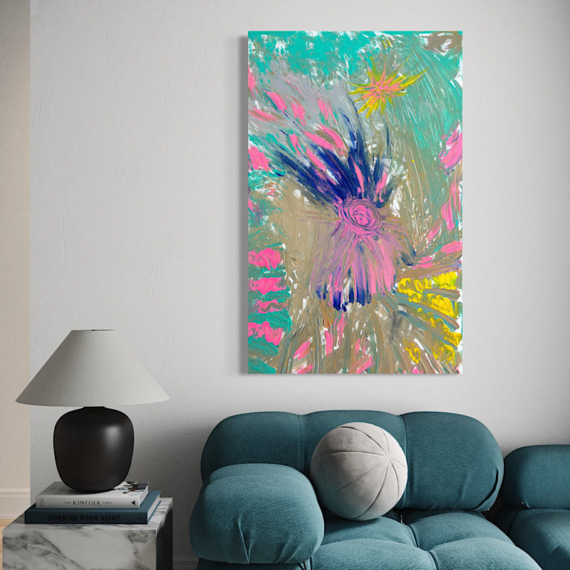 Coral Reef, Original by Clara Woods — close-up of the upper right section, teal and grey background with yellow star accent and pink petal strokes radiating outward