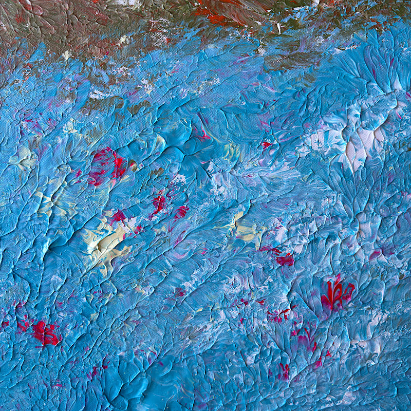 Oceans, Original by Clara Woods — displayed in a large modern living room on a white wall above a grey sectional sofa with cream pillows, dramatic scale showing the monumental size of the painting