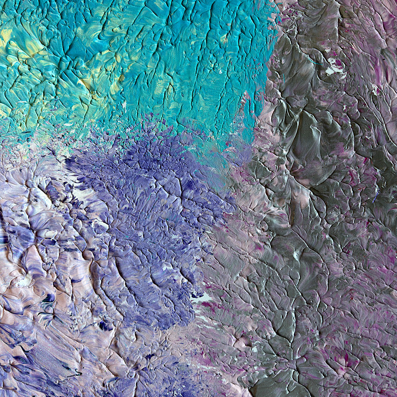 Oceans, Original by Clara Woods — close-up texture detail of the sky blue upper section, thick impasto acrylic brushstrokes with white, red and yellow highlights