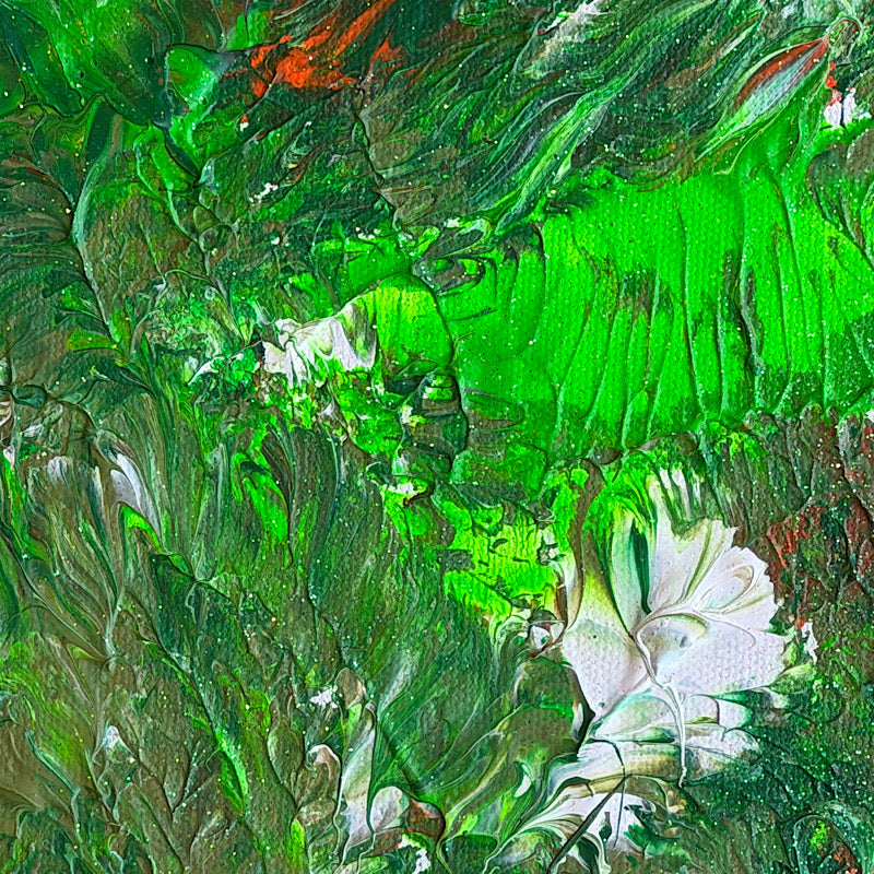 Seaweed, Original by Clara Woods — side view of the canvas in the studio on a checkered tablecloth, showing the depth of the vivid green layered acrylic paint on the edges