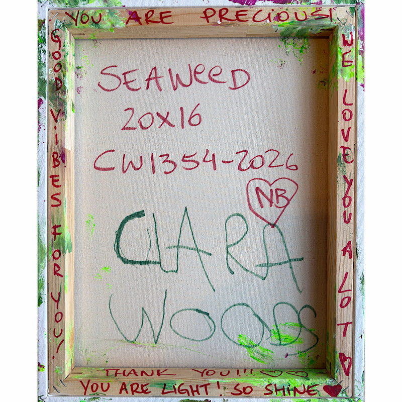 Seaweed, Original by Clara Woods — displayed on a light grey wall above a white marble console with two sculptural objects, a black geometric triangle and a silver disc, modern interior