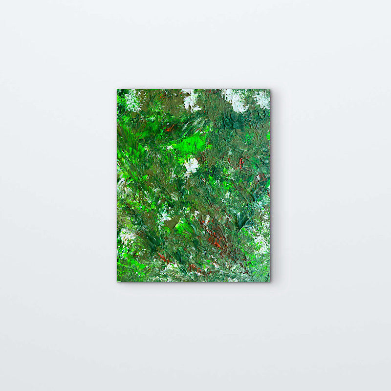 Seaweed, Original by Clara Woods — macro detail of the lower right section, layered forest green and olive acrylic with white foam-like highlights and red-brown accent strokes