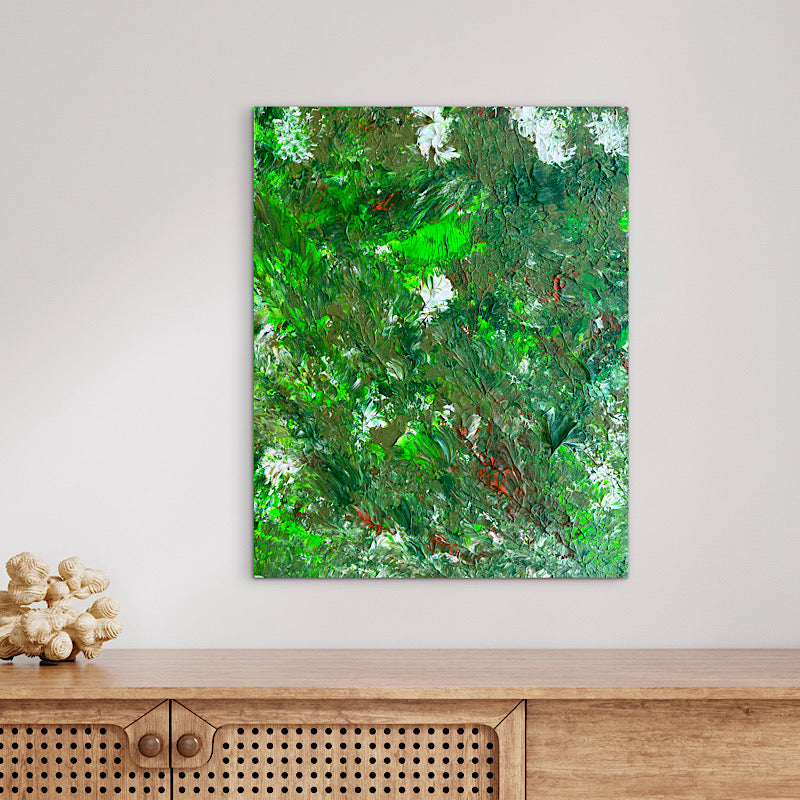 Seaweed, Original by Clara Woods — close-up of the upper right section, bright lime green burst with white and dark teal impasto strokes radiating outward