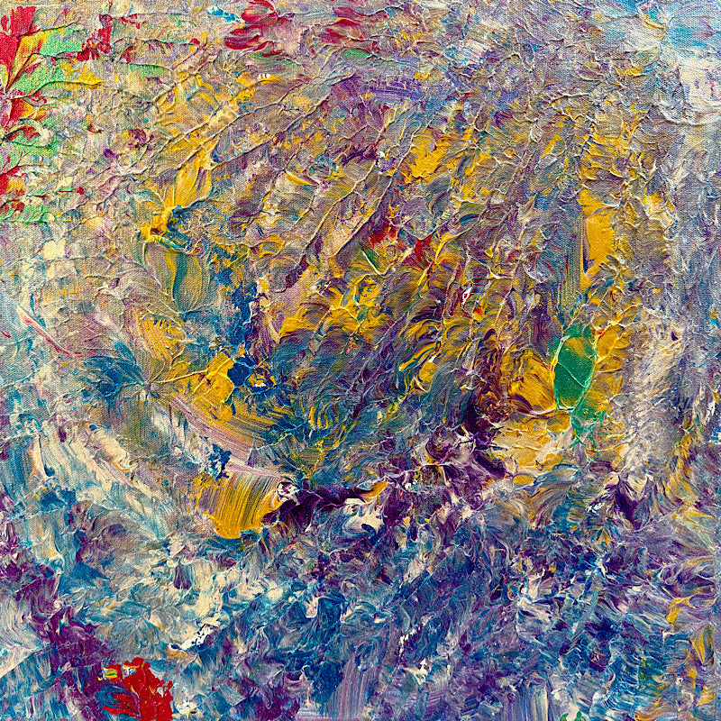 Abalone, Original by Clara Woods — 20x20 in acrylic on canvas, full painting on white background showing the complete iridescent composition with swirling lavender, gold, teal and purple impasto brushstrokes