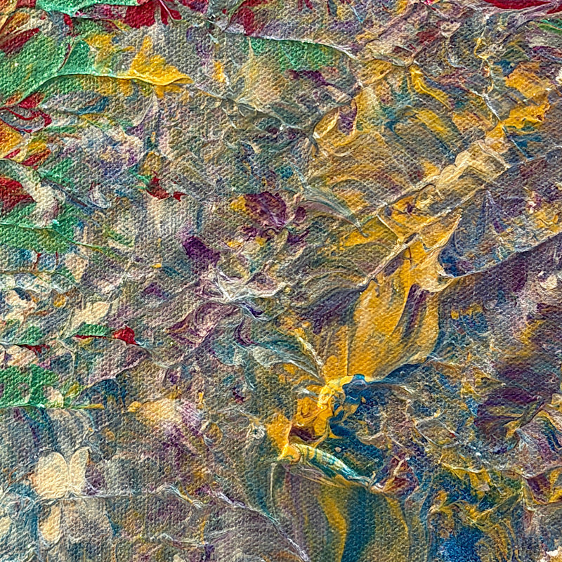 Abalone, Original by Clara Woods — displayed on a white wall above a floating wood shelf with a white marble reed diffuser, slightly closer view showing the full painting scale