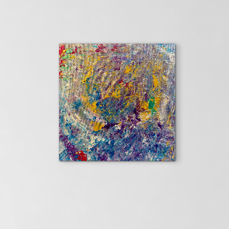 Abalone, Original by Clara Woods — close-up of the lower section, rich lavender and purple impasto with teal, red and white accent strokes