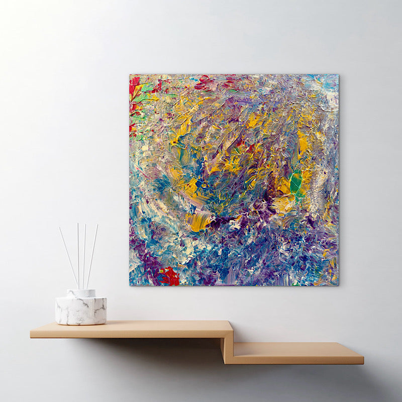 Abalone, Original by Clara Woods — side view of the canvas showing the depth of the layered purple, gold and blue acrylic paint on the edges