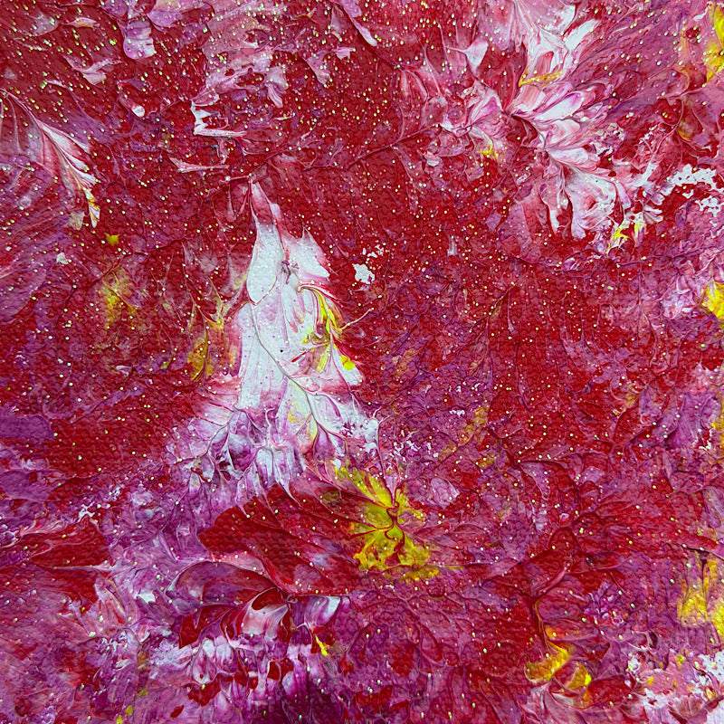 Pink Tide, Original by Clara Woods — 24x18 in acrylic on canvas, macro detail of the swirling magenta and deep crimson center with white highlights and iridescent glitter dots scattered throughout