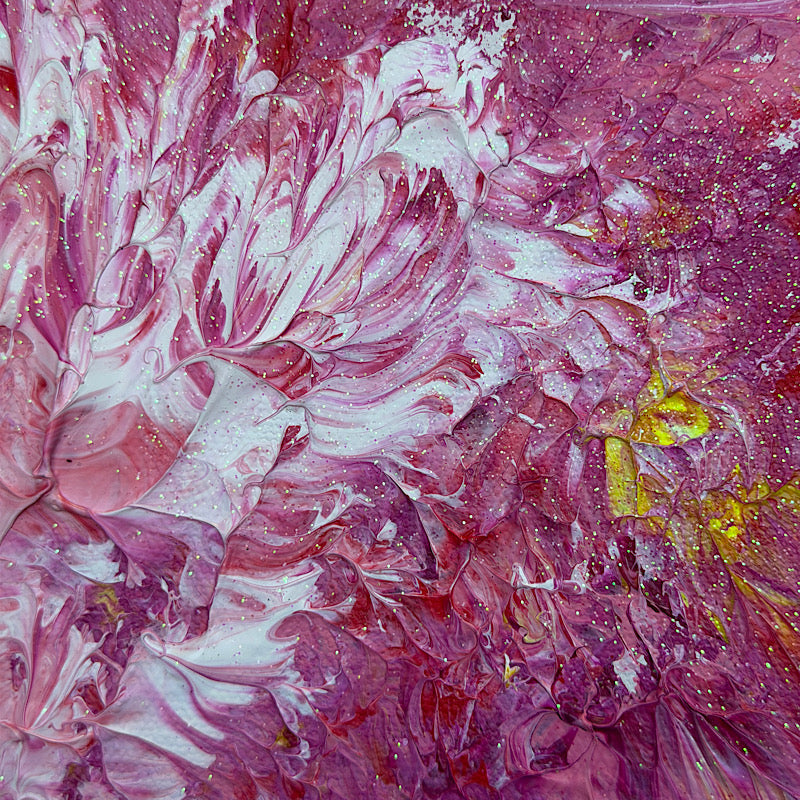 Pink Tide, Original by Clara Woods — back of the canvas showing title PINK TIDE, size 24x18 in, serial number CW1356-2026, NB heart, Clara Woods signature, and handwritten messages: We see you! Keep going! The storm will pass, keep going! Dream big! Have faith! Shine! You rock! Thank you!! You are precious, did you know?
