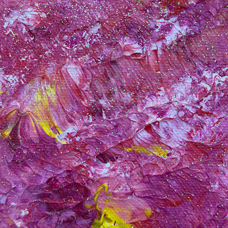 Pink Tide, Original by Clara Woods — side view of the canvas in the studio showing the deep magenta and crimson painted edges with yellow and white acrylic accents