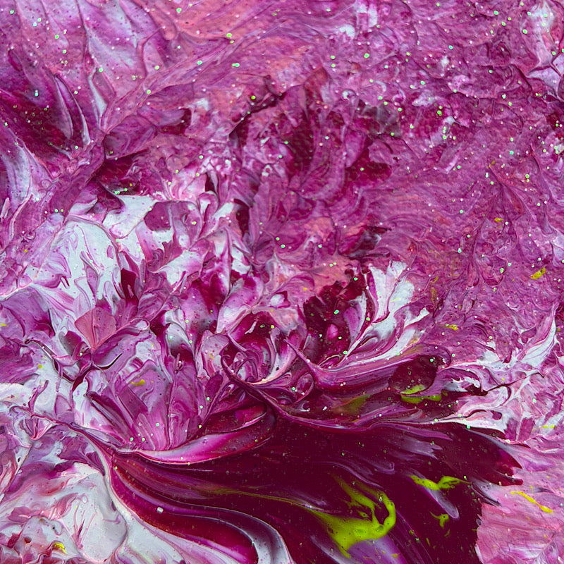 Pink Tide, Original by Clara Woods — full painting on white background, portrait format showing the complete composition with hot pink upper section, deep magenta lower section and yellow accent splashes
