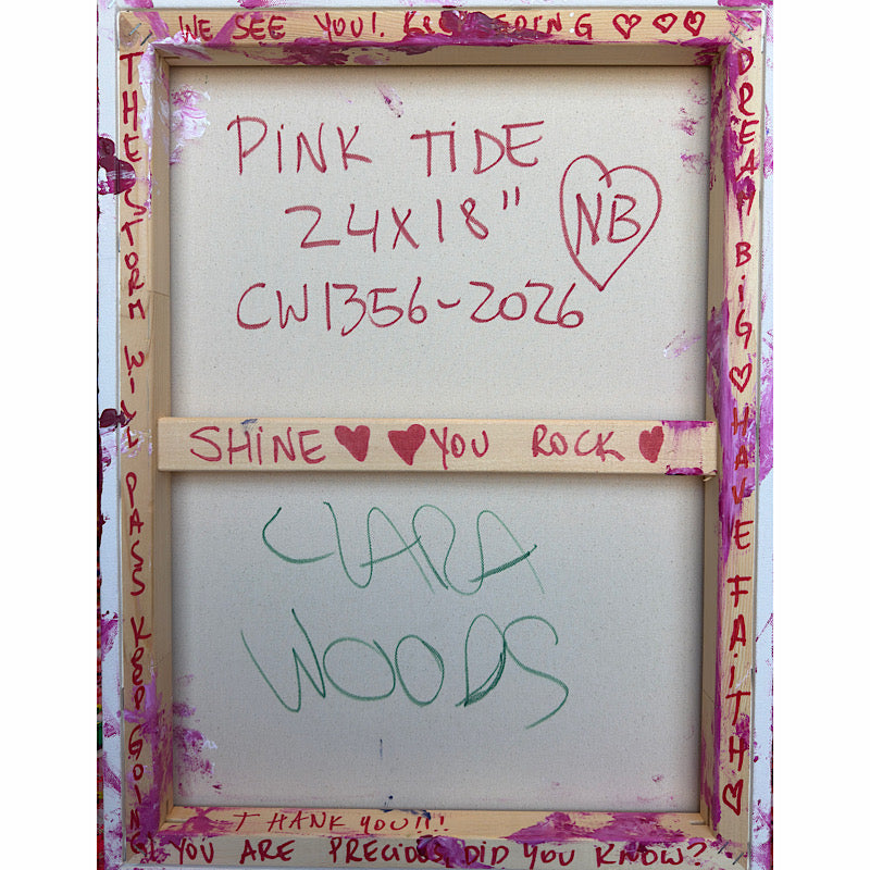 Pink Tide, Original by Clara Woods — displayed on a white wall above a white sideboard with two sculptural ceramic vases in cream and beige, minimal Scandinavian interior