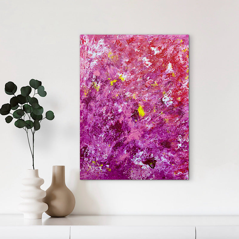 Pink Tide, Original by Clara Woods — macro detail of the lower magenta section, layered deep purple-pink and crimson acrylic with lime yellow accent strokes and glitter
