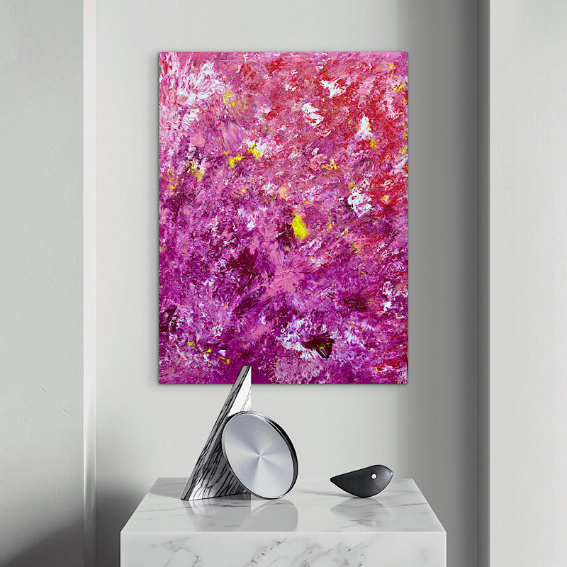 Pink Tide, Original by Clara Woods — close-up of the transition zone between hot pink and deep magenta, swirling impasto brushstrokes with white and yellow highlights and scattered glitter dots