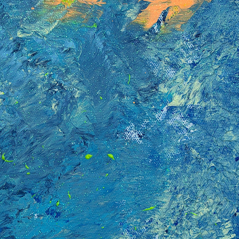 Sea Pearl, Original by Clara Woods — 20x20 in acrylic on canvas, full painting on white background showing the complete composition with sky blue and cobalt blue impasto waves, neon green center burst and peach accent splashes