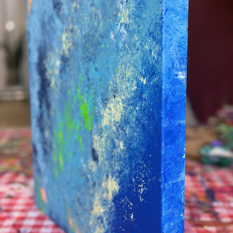 Sea Pearl, Original by Clara Woods — close-up texture detail of the upper section, thick impasto sky blue and cobalt acrylic brushstrokes with white foam highlights and iridescent glitter dots