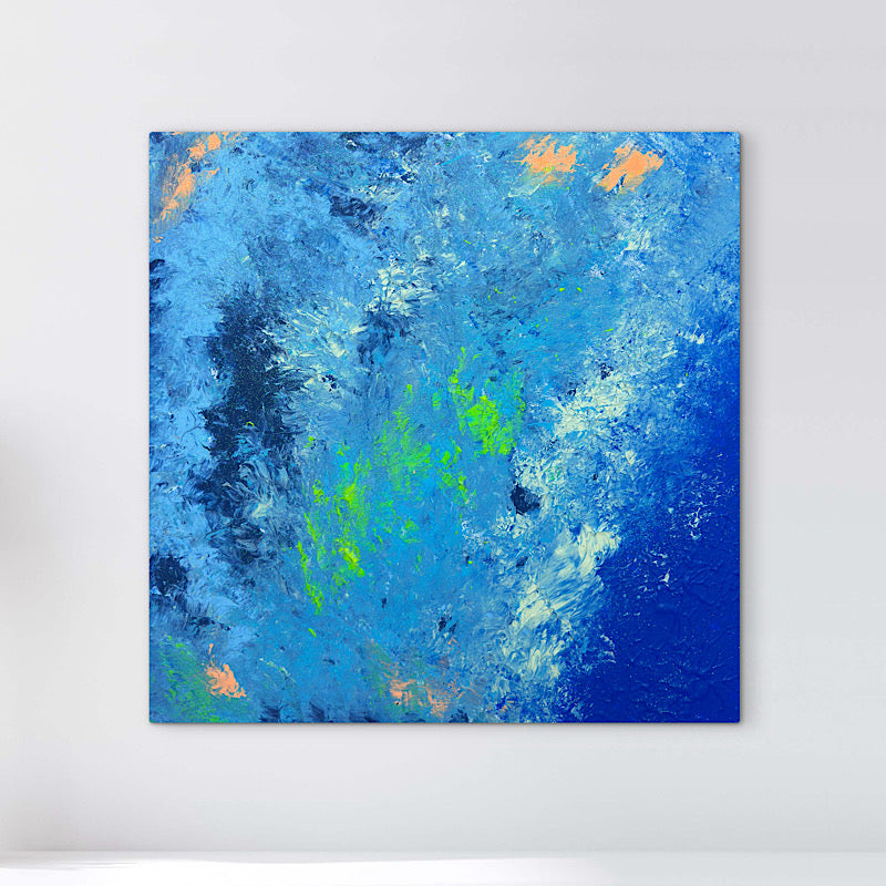 Sea Pearl, Original by Clara Woods — macro detail of the neon green center burst, layered lime and emerald acrylic with teal and white impasto strokes radiating outward