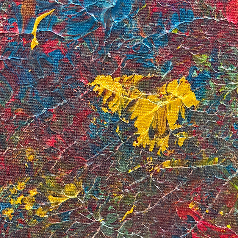 Purple Magic, Original by Clara Woods — 20x20 in acrylic on canvas, full painting on white background showing the complete composition with deep crimson, teal, yellow and purple impasto brushstrokes across the entire canvas