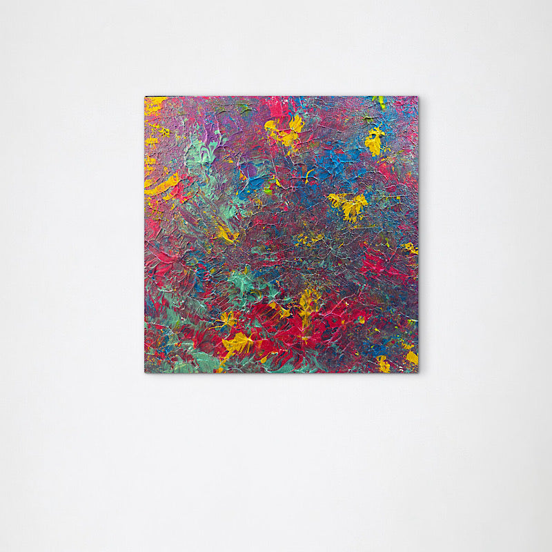 Purple Magic, Original by Clara Woods — close-up of the lower right section, bold crimson and yellow impasto with teal and dark navy shadows