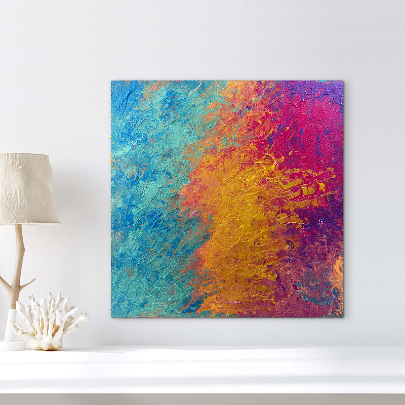 Beauty Bay, Original by Clara Woods — 20x20 in acrylic on canvas, full painting on white background showing the complete composition with teal left section, golden amber center and deep magenta right section