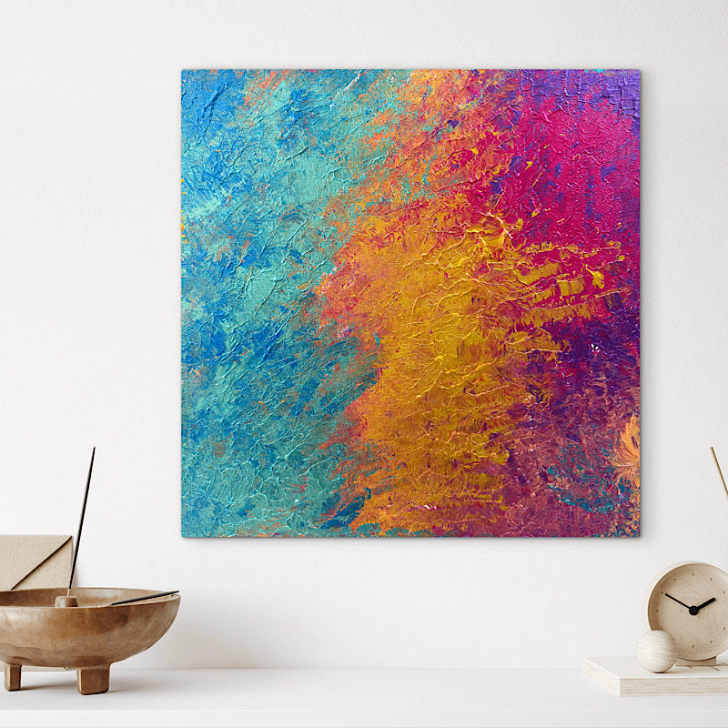 Beauty Bay, Original by Clara Woods — displayed on a white wall above a white floating shelf with two small white ceramic vases and a small succulent plant, minimal bright interior