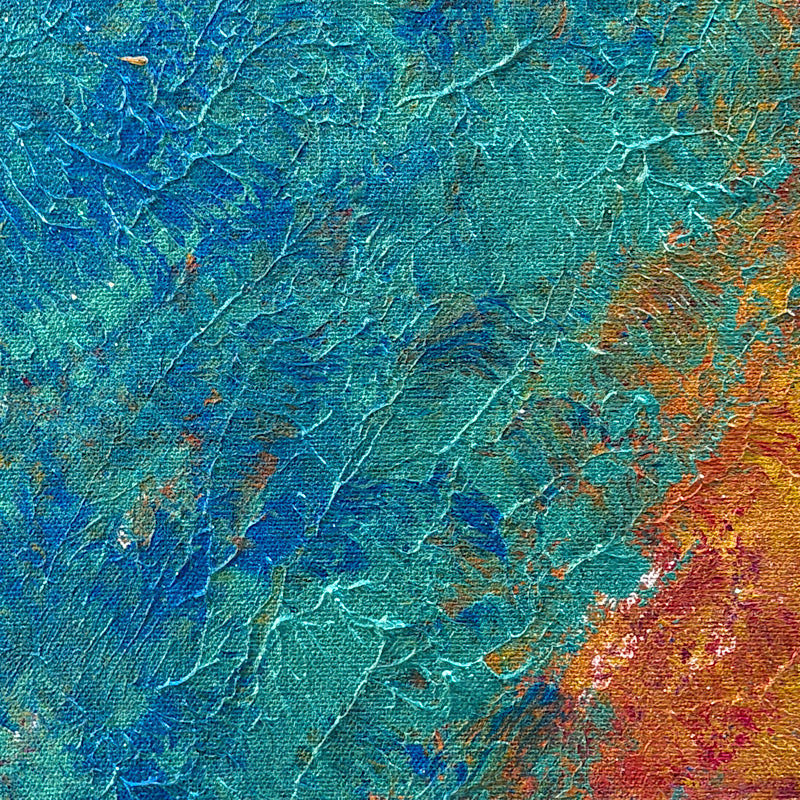 Beauty Bay, Original by Clara Woods — close-up texture detail of the teal left section, thick impasto cobalt and turquoise acrylic brushstrokes with orange and red accent marks