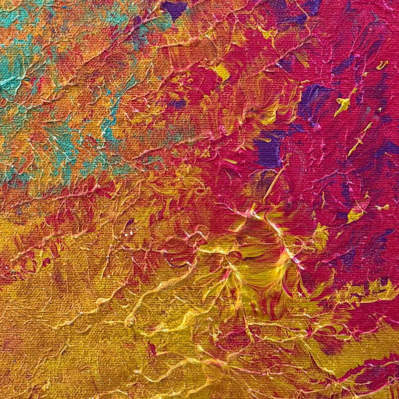 Beauty Bay, Original by Clara Woods — macro detail of the lower center section, layered gold, amber and deep purple acrylic with teal accent strokes and iridescent glitter dots