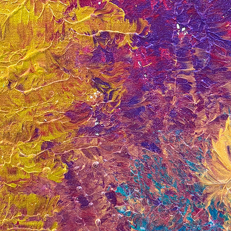Beauty Bay, Original by Clara Woods — close-up of the transition zone between teal and gold, swirling impasto brushstrokes with orange, red and magenta highlights
