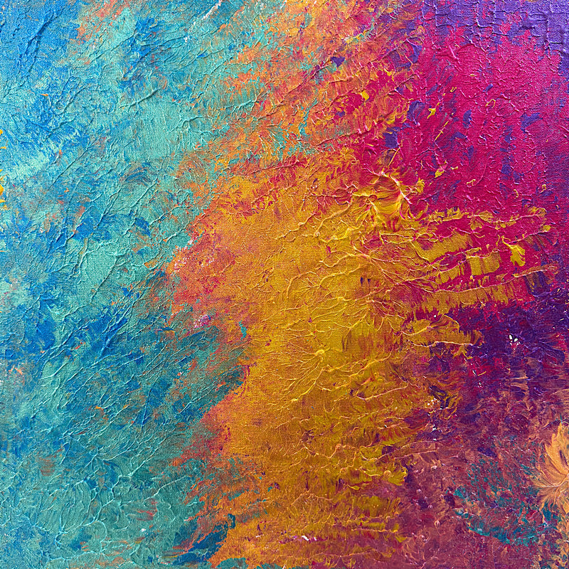 Beauty Bay, Original by Clara Woods — back of the canvas showing title DEEP OCEAN (working title), size 20x20, serial number CW1359-2026, NB heart, Clara Woods signature, and handwritten messages: Be yourself, You matter, Keep going, Good things are coming your way, You are loved, No regrets