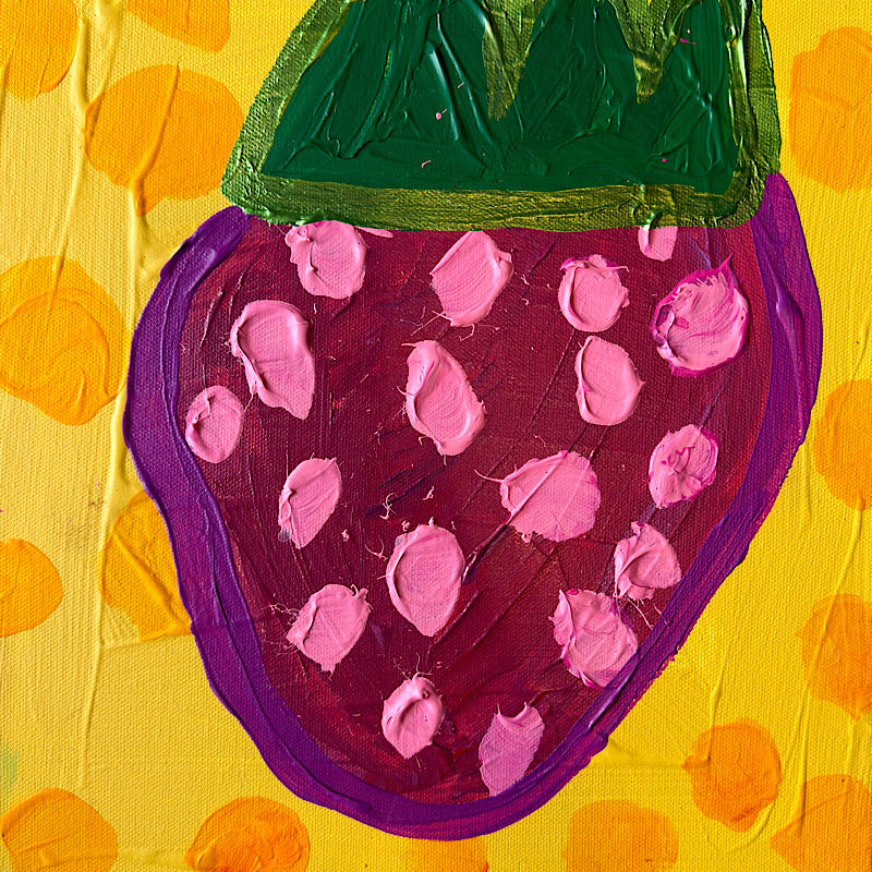 Back of Little Strawberry original acrylic canvas by Clara Woods, 2026, 12 x 12 in, with handwritten title and serial CW1376