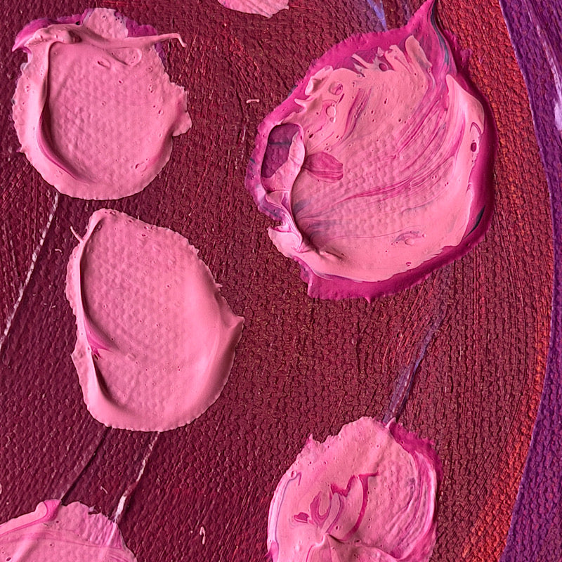 Little Strawberry original acrylic on canvas by Clara Woods, 2026, 12 x 12 in, red-purple strawberry with pink seeds on sunny yellow, front view