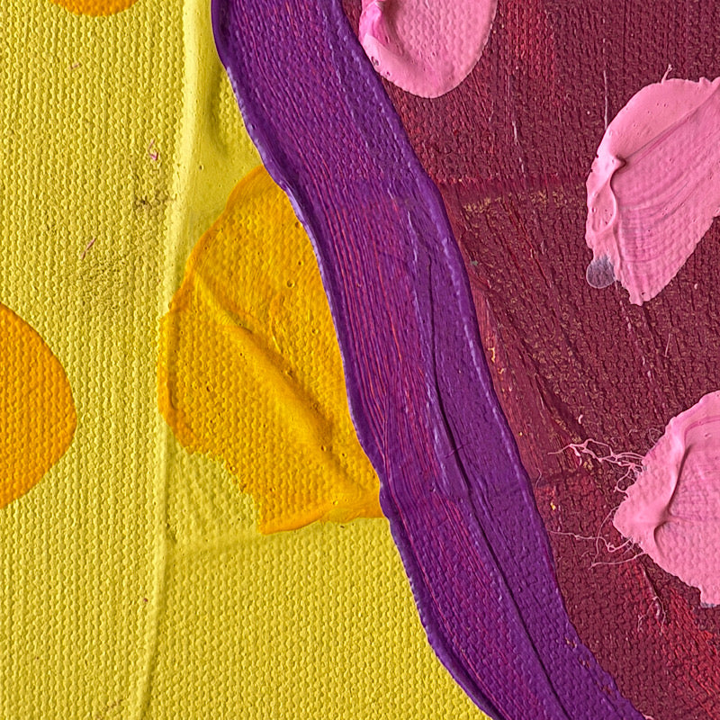 Little Strawberry by Clara Woods, 2026, 12 x 12 in acrylic on canvas, red-purple fruit with pink textured seeds against yellow background