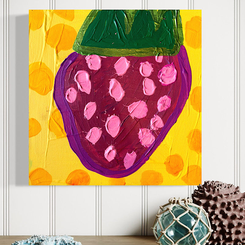 Side view of Little Strawberry by Clara Woods, 2026, 12 x 12 in acrylic canvas with pink seeds and yellow painted edge