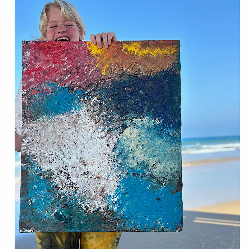 Deep Sea, Original by Clara Woods — back of the canvas showing title DEEP SEA, size 28.5x24 in, serial number CW1332-2026, Clara Woods signature, and handwritten messages: You are precious, We love you, Keep going you rock, The storm will pass!, Thank you soooo much!!!
