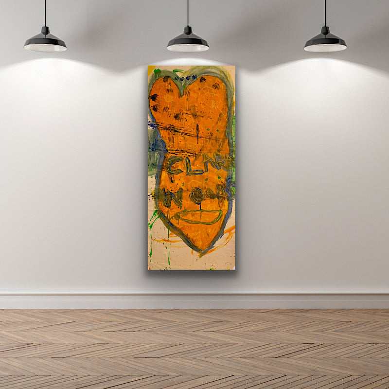 Stretching heart - Painting, acrylic on paper and wood (65x29")