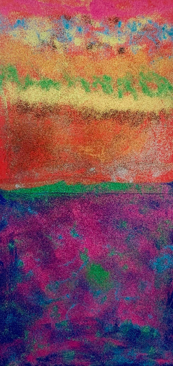 Sunrise - Acrylic and glitter on paper and wood, 2021 (47,5”x23")