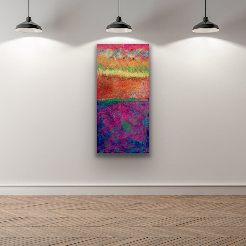 Sunrise - Acrylic and glitter on paper and wood, 2021 (47,5”x23")